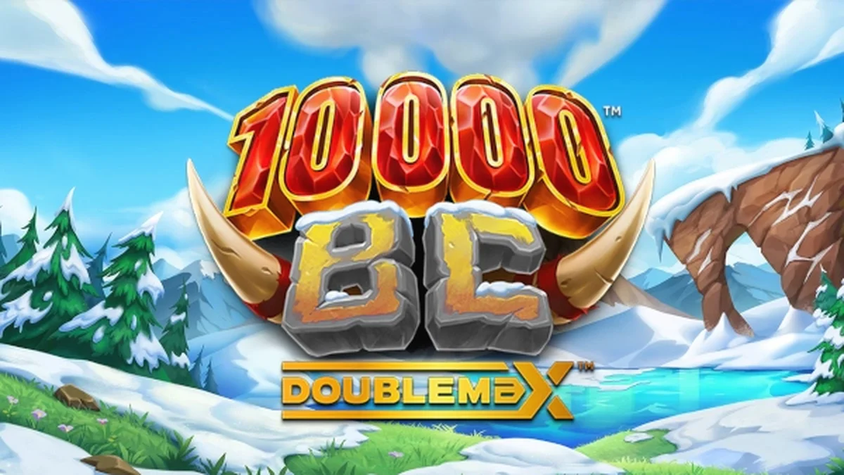 10000 BC DoubleMax slot game screen with prehistoric theme and Gigablox symbols